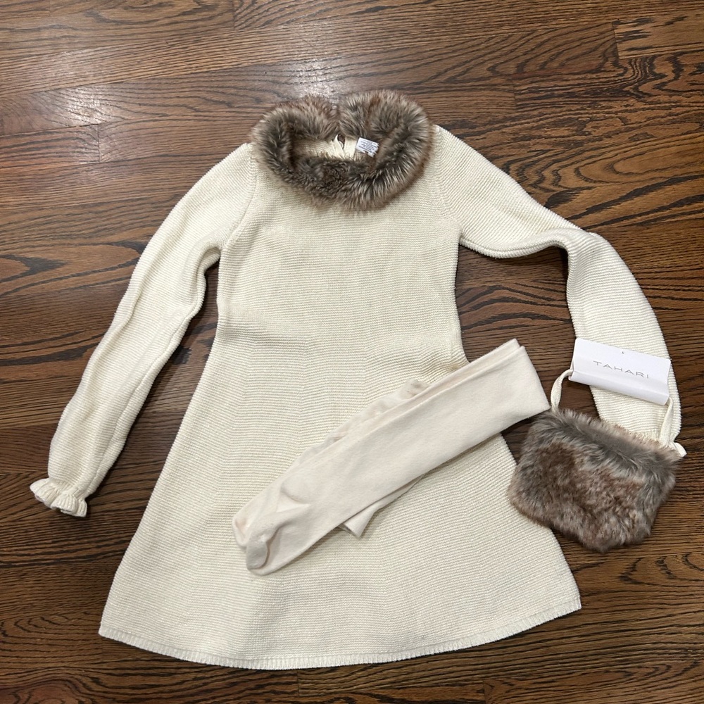 Tahari Ivory Dress with Faux Fur Accents